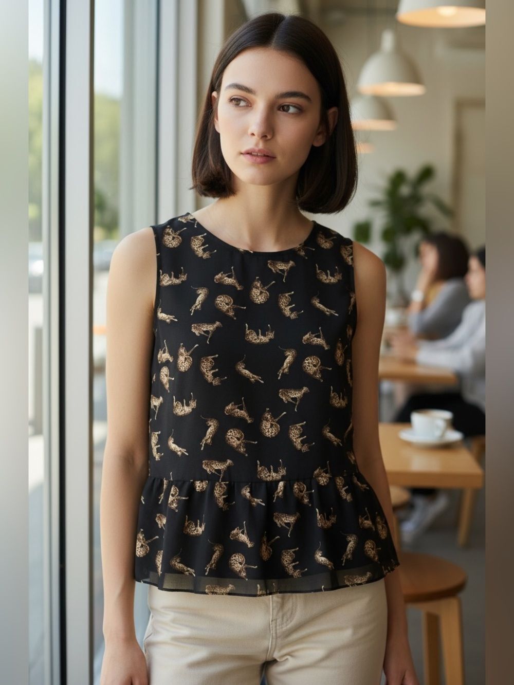 ZARA black chiffon big cat leopard print novelty peplum tank blouse S